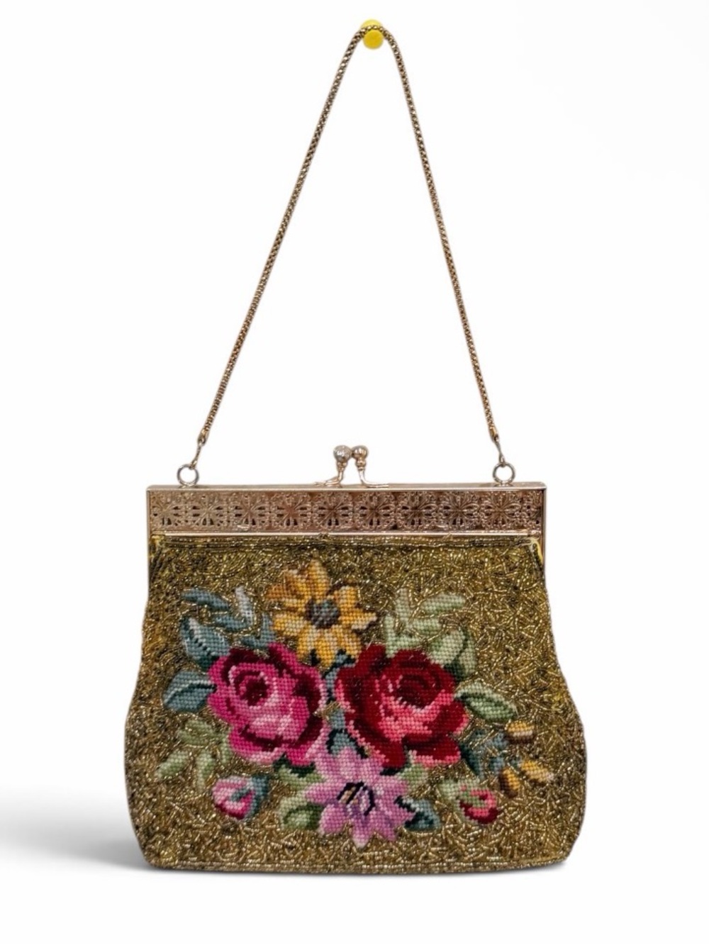 Vintage 60s Beaded Tapestry Evening Bag Floral Micro Beaded Kiss Lock gold bag